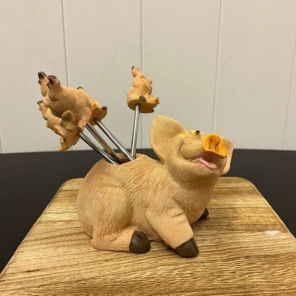 Vintage Little Piggy Serving Fork Utensil Holder with 4 Pig Serving Forks Gift - Picture 1 of 7